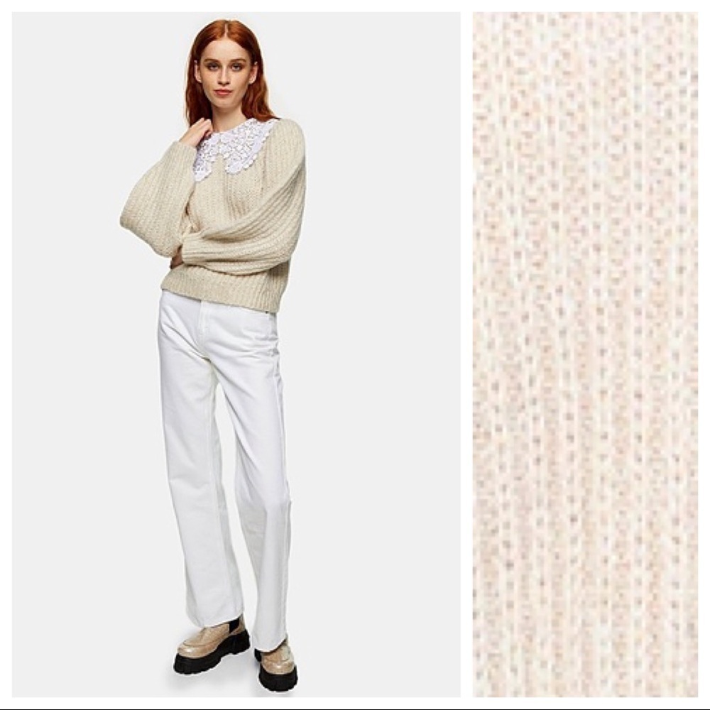Nwt. Topshop Beige Ecru Crochet Collar Knitted Sweater. Size 12.